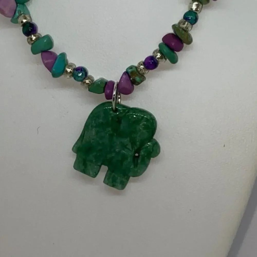 Girls Handmade Rock Beaded Green Elephant Necklace